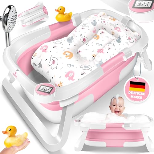 KIDIZยฎ Baby Badewanne | Babywanne platzsparend & faltbar | Badebecken Duschwanne fรผr Neugeborene Kleinkinder 0-24 Monate | Reisedusche tragbar fรผr Babys | Bathtub ergonomisch mit Thermostat & Kissen