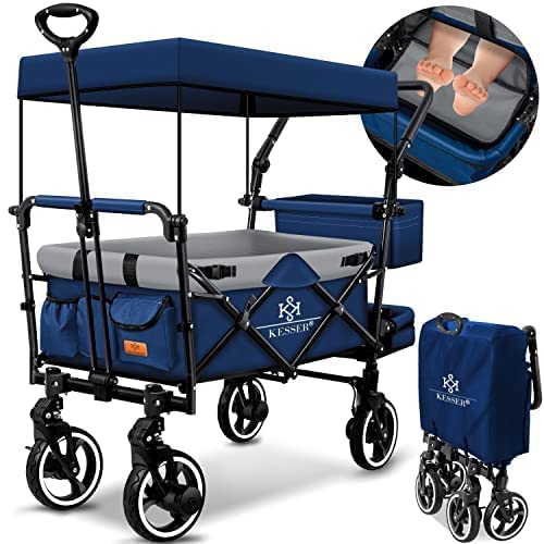 KESSER® Bollerwagen Faltbar GTS-9100 mit Dach Handwagen Transportwagen klappbar inkl. 2X 3-Punkt Gurtsystem 360° Vollgummi-Reifen & Innenraumverlängerung Vorder- und Hinter-Bremse + Tragetasche Grau