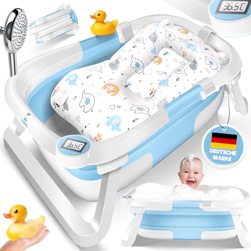 KIDIZยฎ Baby Badewanne | Babywanne platzsparend & faltbar | Badebecken Duschwanne fรผr Neugeborene Kleinkinder 0-24 Monate | Reisedusche tragbar fรผr Babys | Bathtub ergonomisch mit Thermostat & Kissen