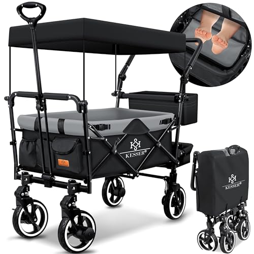 KESSER® Bollerwagen Faltbar GTS-9100 mit Dach Handwagen Transportwagen klappbar inkl. 2X 3-Punkt Gurtsystem 360° Vollgummi-Reifen & Innenraumverlängerung Vorder- und Hinter-Bremse + Tragetasche Grau