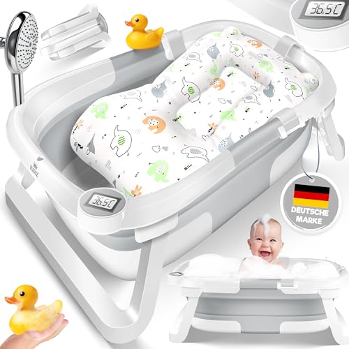 KIDIZยฎ Baby Badewanne | Babywanne platzsparend & faltbar | Badebecken Duschwanne fรผr Neugeborene Kleinkinder 0-24 Monate | Reisedusche tragbar fรผr Babys | Bathtub ergonomisch mit Thermostat & Kissen