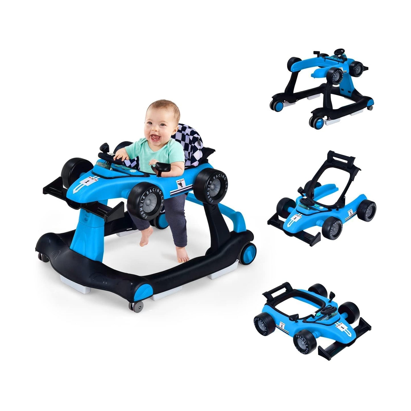 COSTWAY 4-in-1 Baby Walker Foldable with Adjustable Height and Speed, Baby Walker Car-Shaped with Music Box, Light & Wheels, Walker Baby from 6 Months, 15 kg Load Capacity (Pink)