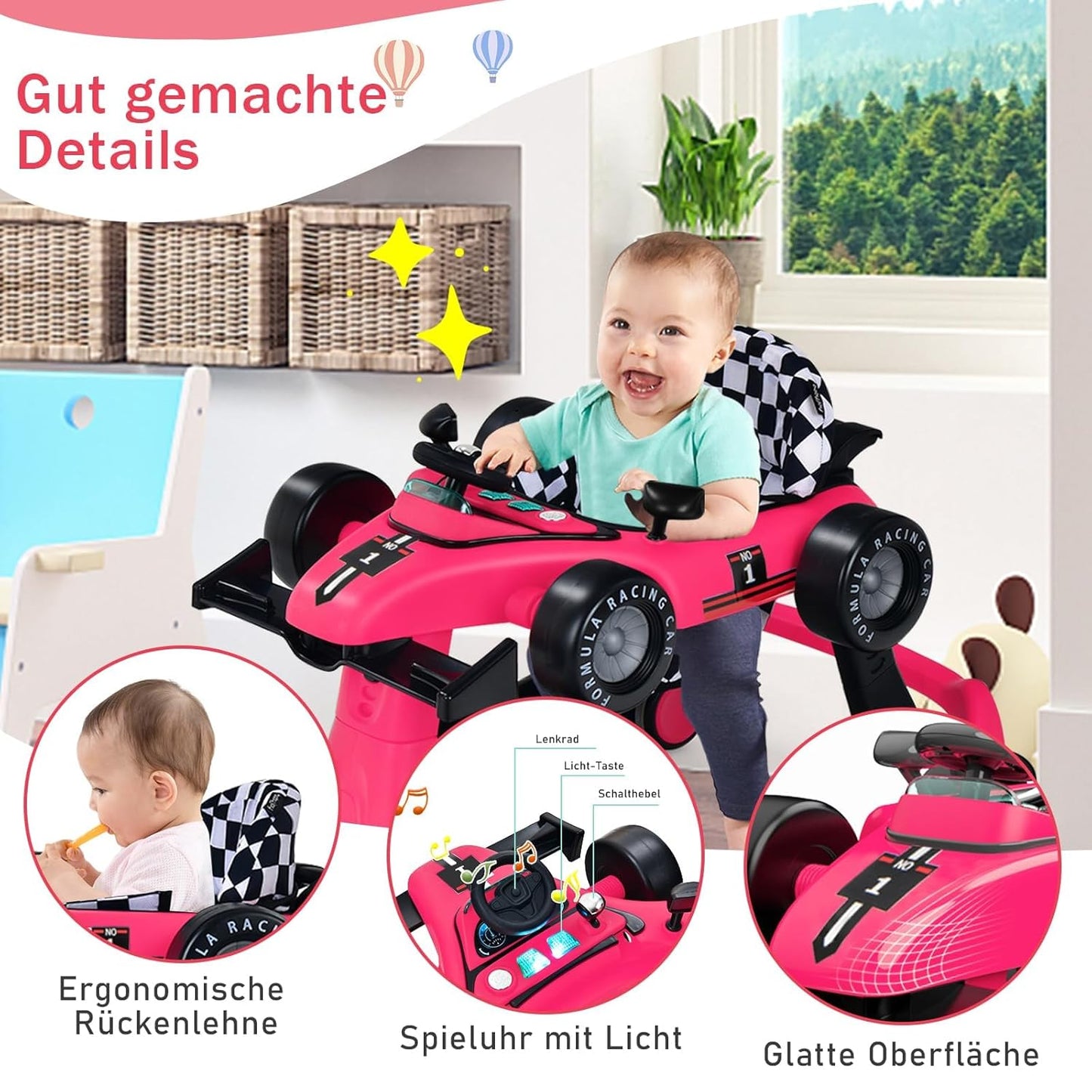 COSTWAY 4-in-1 Baby Walker Foldable with Adjustable Height and Speed, Baby Walker Car-Shaped with Music Box, Light & Wheels, Walker Baby from 6 Months, 15 kg Load Capacity (Pink)