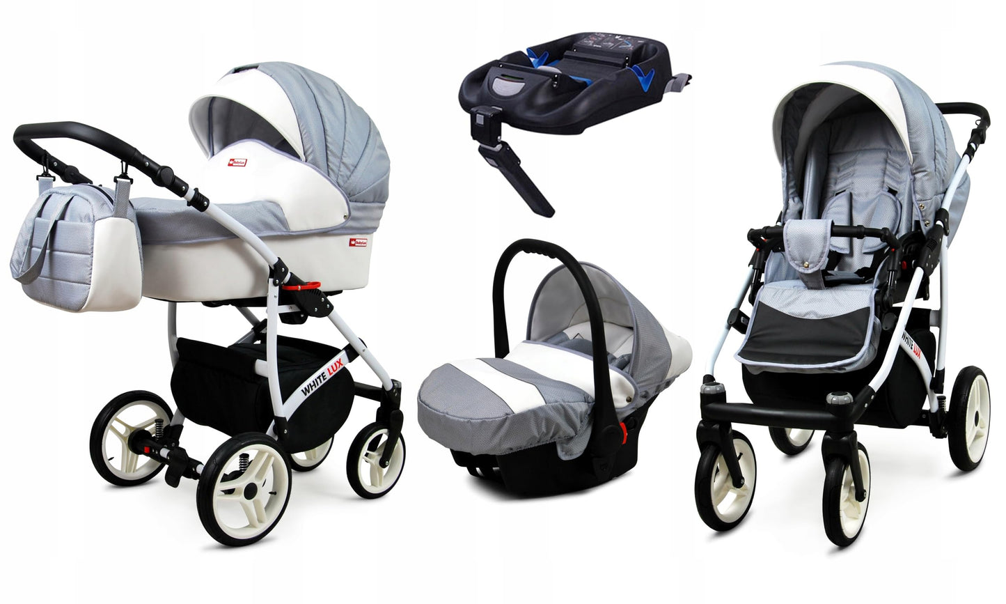 BabyLux® Bambimo Kinderwagen Set 3 in 1 - White Lux - incl. Babywanne, Buggy Sportsitz, Auto-Babyschale - Autositz - Kinderwagenset - Kombikinderwagen mit Wickeltasche, Regenschutz usw.