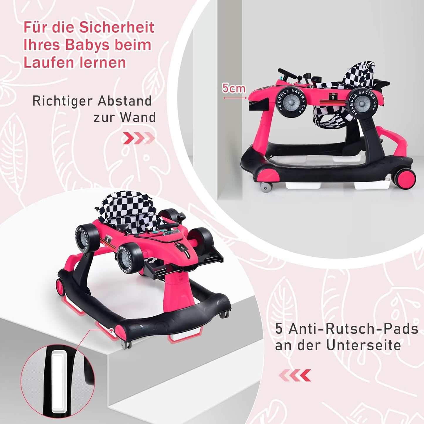 COSTWAY 4-in-1 Baby Walker Foldable with Adjustable Height and Speed, Baby Walker Car-Shaped with Music Box, Light & Wheels, Walker Baby from 6 Months, 15 kg Load Capacity (Pink)