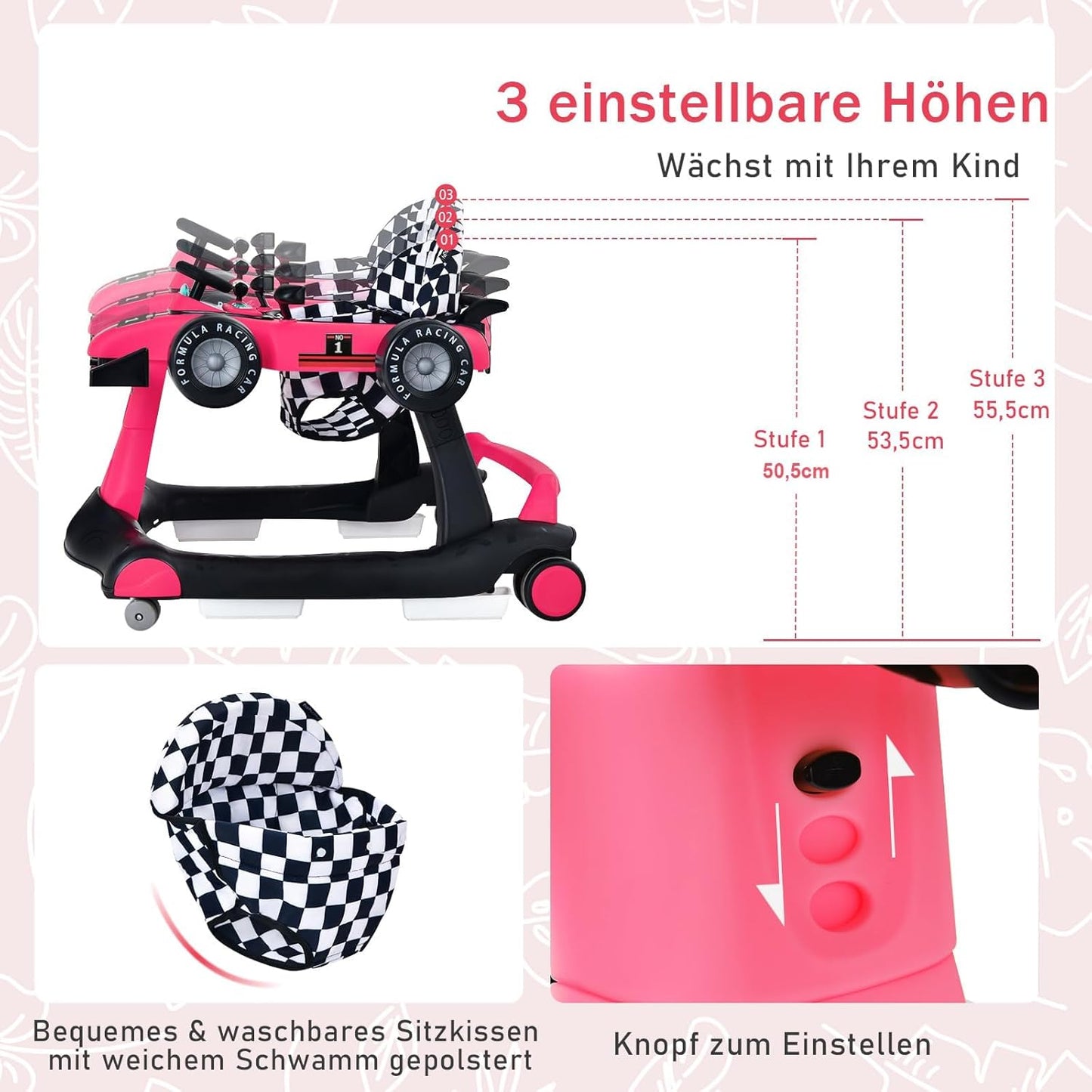 COSTWAY 4-in-1 Baby Walker Foldable with Adjustable Height and Speed, Baby Walker Car-Shaped with Music Box, Light & Wheels, Walker Baby from 6 Months, 15 kg Load Capacity (Pink)