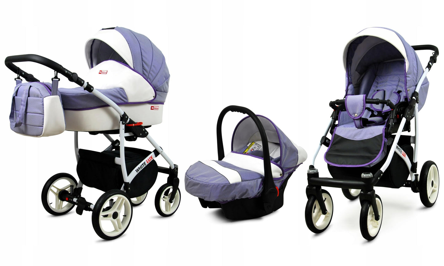 BabyLux® Bambimo Kinderwagen Set 3 in 1 - White Lux - incl. Babywanne, Buggy Sportsitz, Auto-Babyschale - Autositz - Kinderwagenset - Kombikinderwagen mit Wickeltasche, Regenschutz usw.