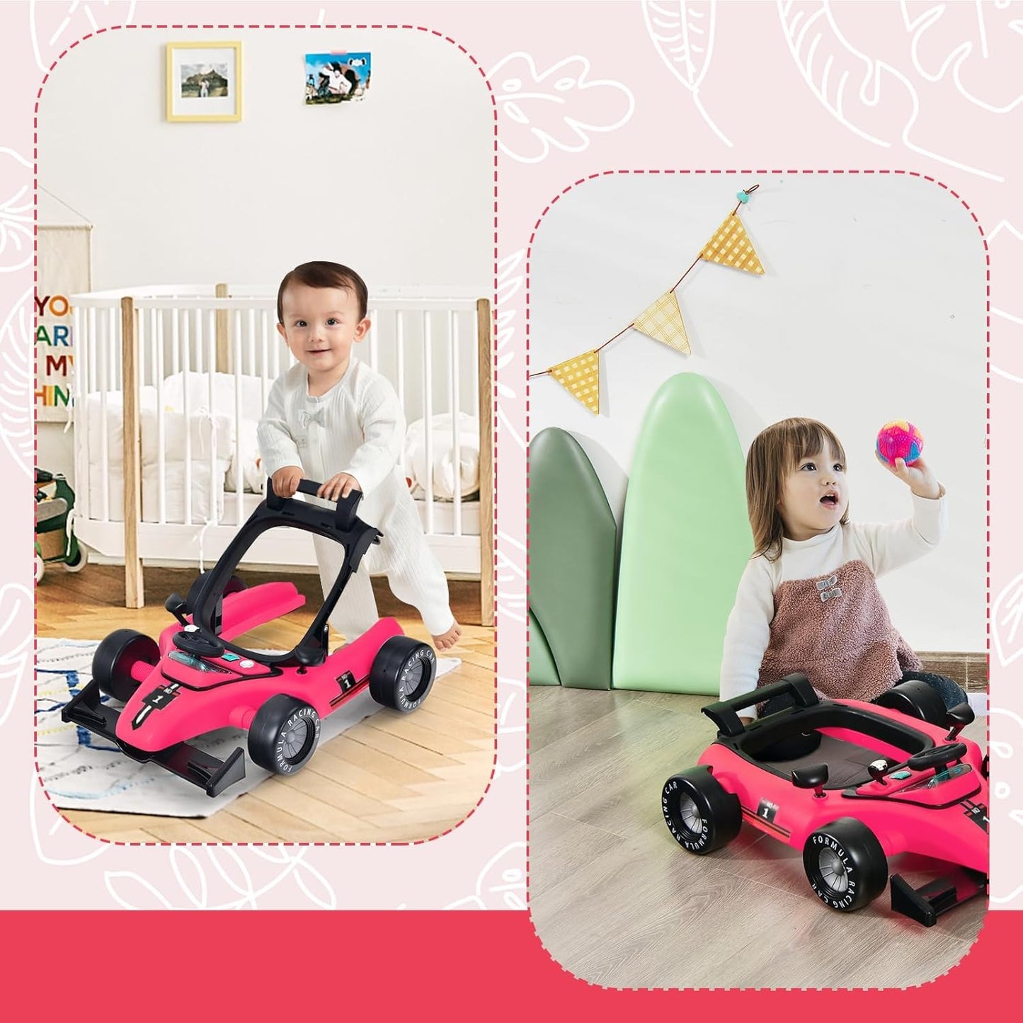 COSTWAY 4-in-1 Baby Walker Foldable with Adjustable Height and Speed, Baby Walker Car-Shaped with Music Box, Light & Wheels, Walker Baby from 6 Months, 15 kg Load Capacity (Pink)