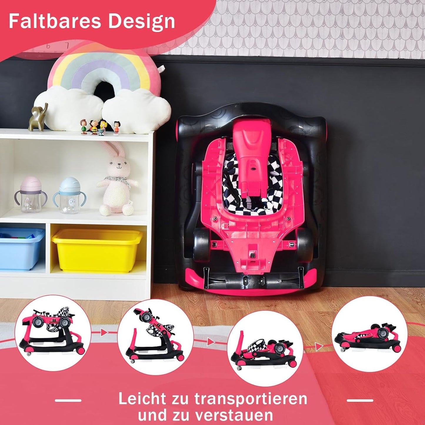 COSTWAY 4-in-1 Baby Walker Foldable with Adjustable Height and Speed, Baby Walker Car-Shaped with Music Box, Light & Wheels, Walker Baby from 6 Months, 15 kg Load Capacity (Pink)