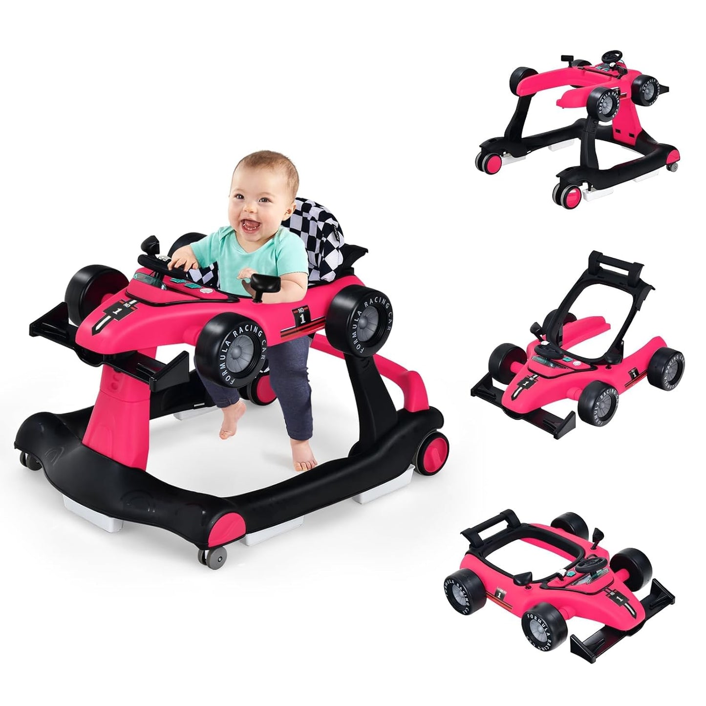 COSTWAY 4-in-1 Baby Walker Foldable with Adjustable Height and Speed, Baby Walker Car-Shaped with Music Box, Light & Wheels, Walker Baby from 6 Months, 15 kg Load Capacity (Pink)