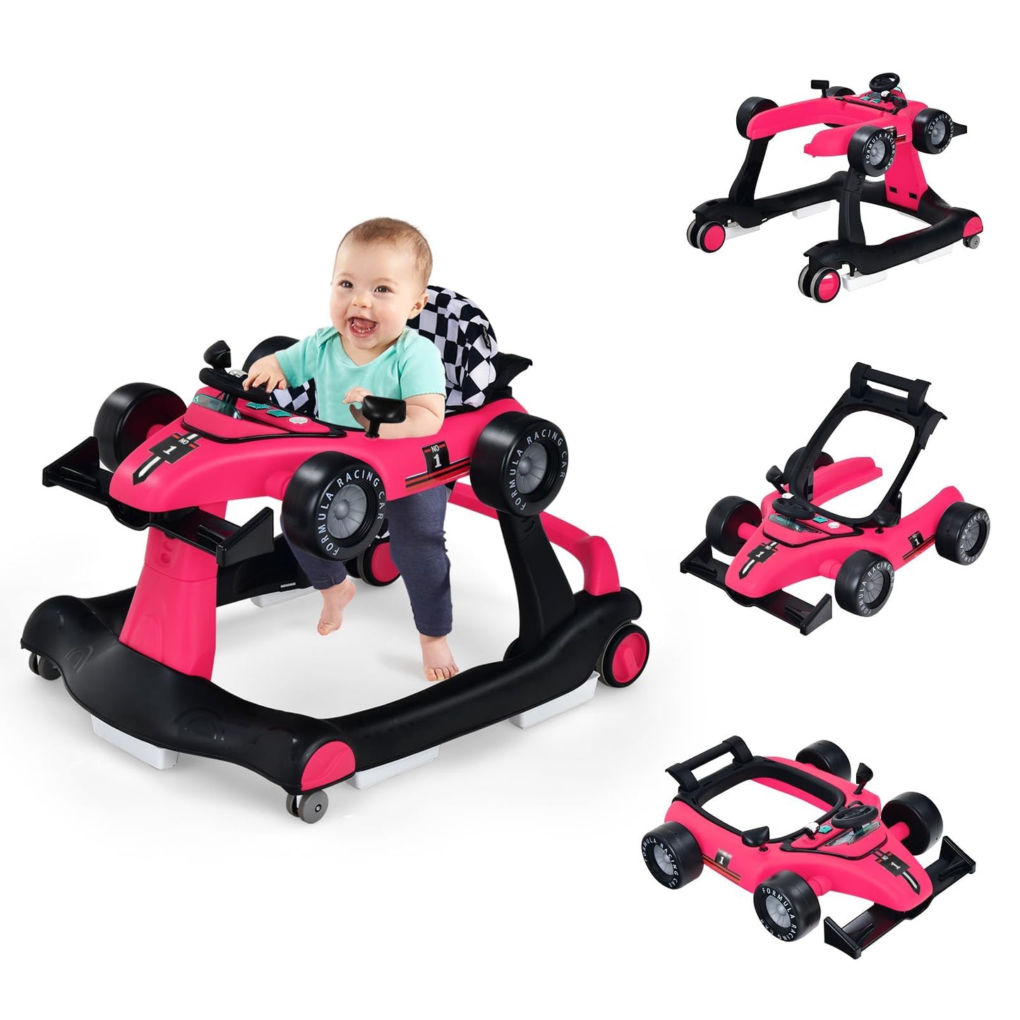 COSTWAY 4-in-1 Baby Walker Foldable with Adjustable Height and Speed, Baby Walker Car-Shaped with Music Box, Light & Wheels, Walker Baby from 6 Months, 15 kg Load Capacity (Pink)