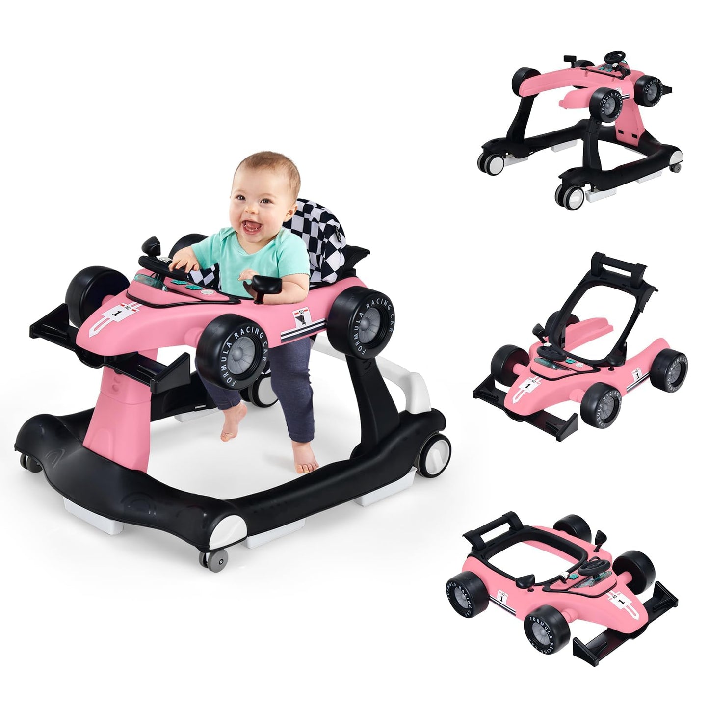 COSTWAY 4-in-1 Baby Walker Foldable with Adjustable Height and Speed, Baby Walker Car-Shaped with Music Box, Light & Wheels, Walker Baby from 6 Months, 15 kg Load Capacity (Pink)