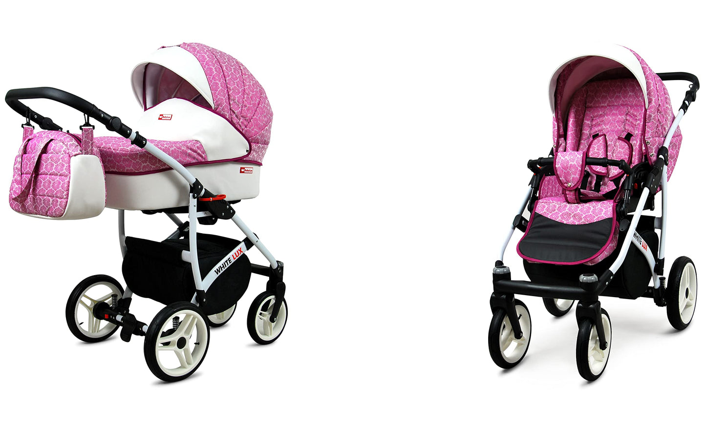 BabyLux® Bambimo Kinderwagen Set 3 in 1 - White Lux - incl. Babywanne, Buggy Sportsitz, Auto-Babyschale - Autositz - Kinderwagenset - Kombikinderwagen mit Wickeltasche, Regenschutz usw.