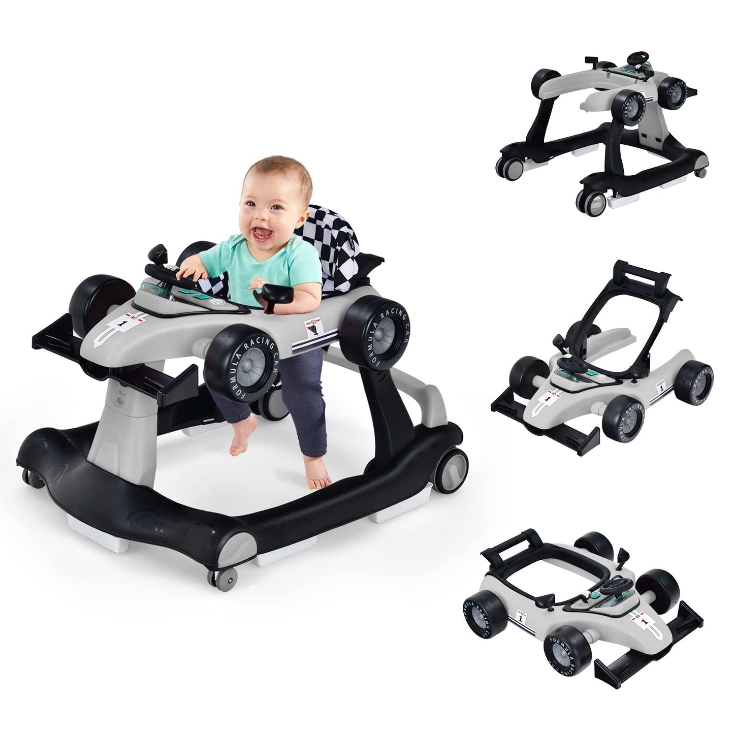 COSTWAY 4-in-1 Baby Walker Foldable with Adjustable Height and Speed, Baby Walker Car-Shaped with Music Box, Light & Wheels, Walker Baby from 6 Months, 15 kg Load Capacity (Pink)