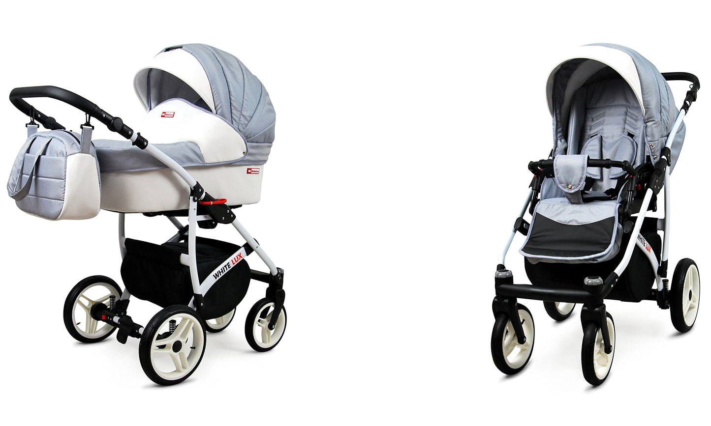 BabyLux® Bambimo Kinderwagen Set 3 in 1 - White Lux - incl. Babywanne, Buggy Sportsitz, Auto-Babyschale - Autositz - Kinderwagenset - Kombikinderwagen mit Wickeltasche, Regenschutz usw.