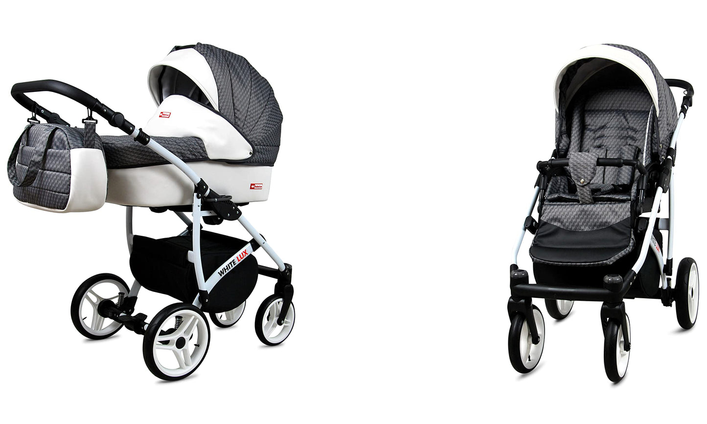 BabyLux® Bambimo Kinderwagen Set 3 in 1 - White Lux - incl. Babywanne, Buggy Sportsitz, Auto-Babyschale - Autositz - Kinderwagenset - Kombikinderwagen mit Wickeltasche, Regenschutz usw.