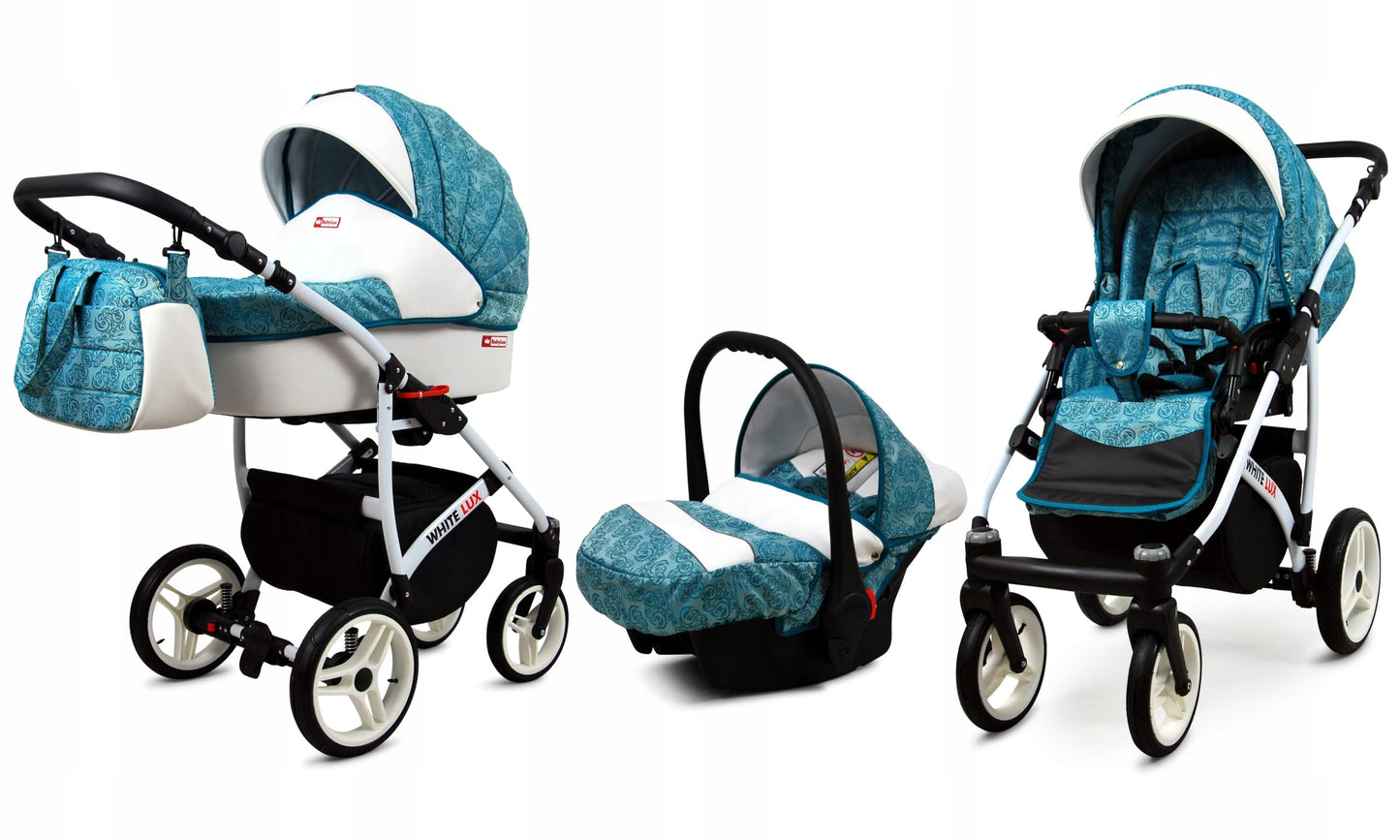 BabyLux® Bambimo Kinderwagen Set 3 in 1 - White Lux - incl. Babywanne, Buggy Sportsitz, Auto-Babyschale - Autositz - Kinderwagenset - Kombikinderwagen mit Wickeltasche, Regenschutz usw.