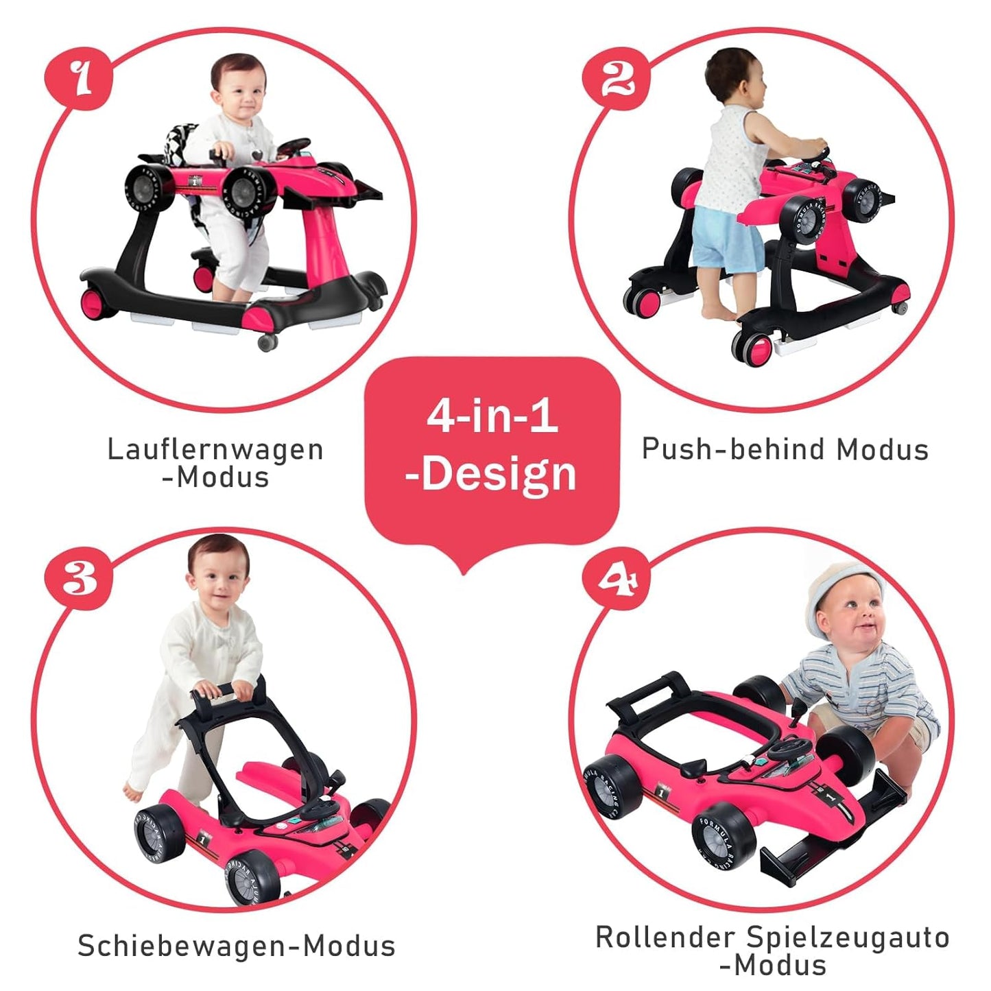 COSTWAY 4-in-1 Baby Walker Foldable with Adjustable Height and Speed, Baby Walker Car-Shaped with Music Box, Light & Wheels, Walker Baby from 6 Months, 15 kg Load Capacity (Pink)