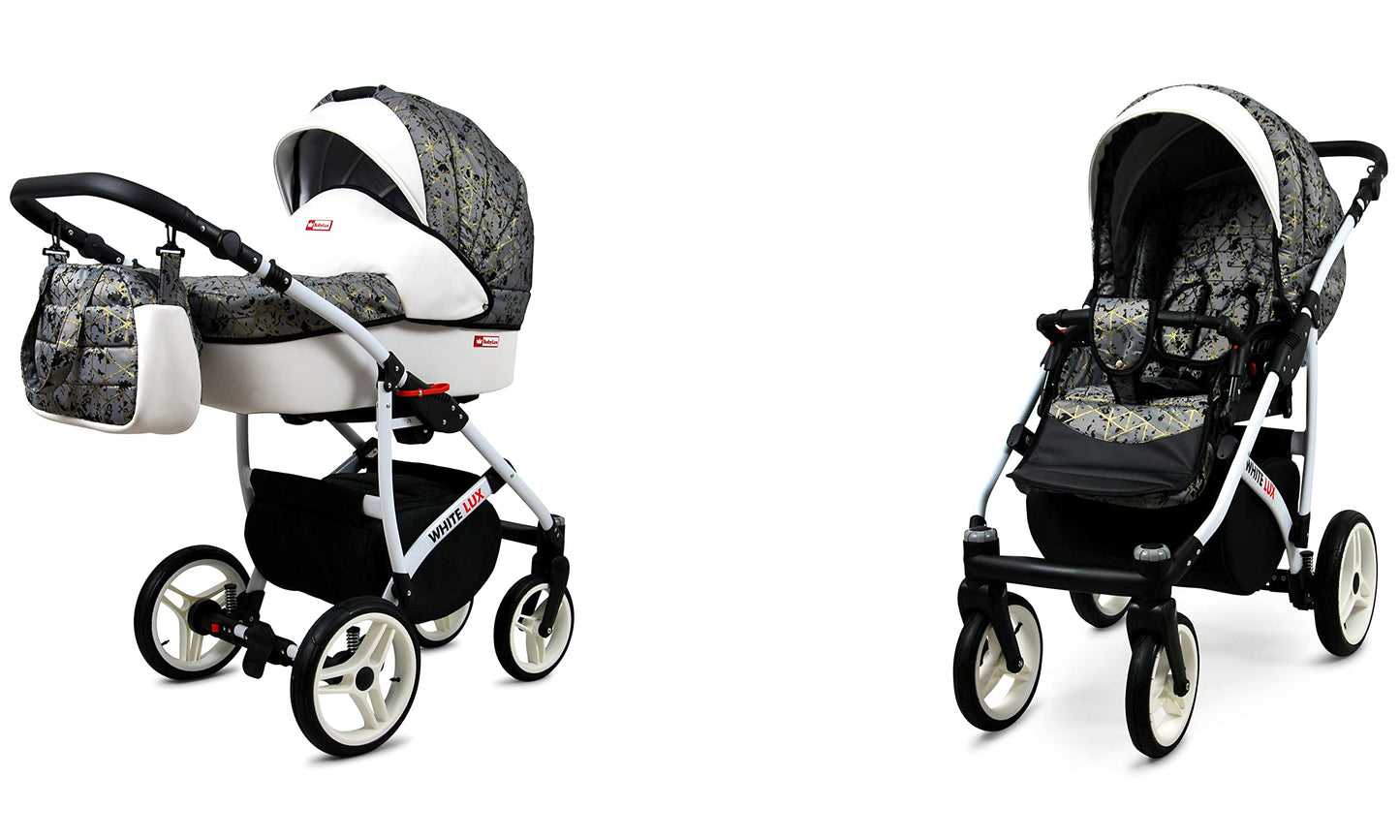 BabyLux® Bambimo Kinderwagen Set 3 in 1 - White Lux - incl. Babywanne, Buggy Sportsitz, Auto-Babyschale - Autositz - Kinderwagenset - Kombikinderwagen mit Wickeltasche, Regenschutz usw.