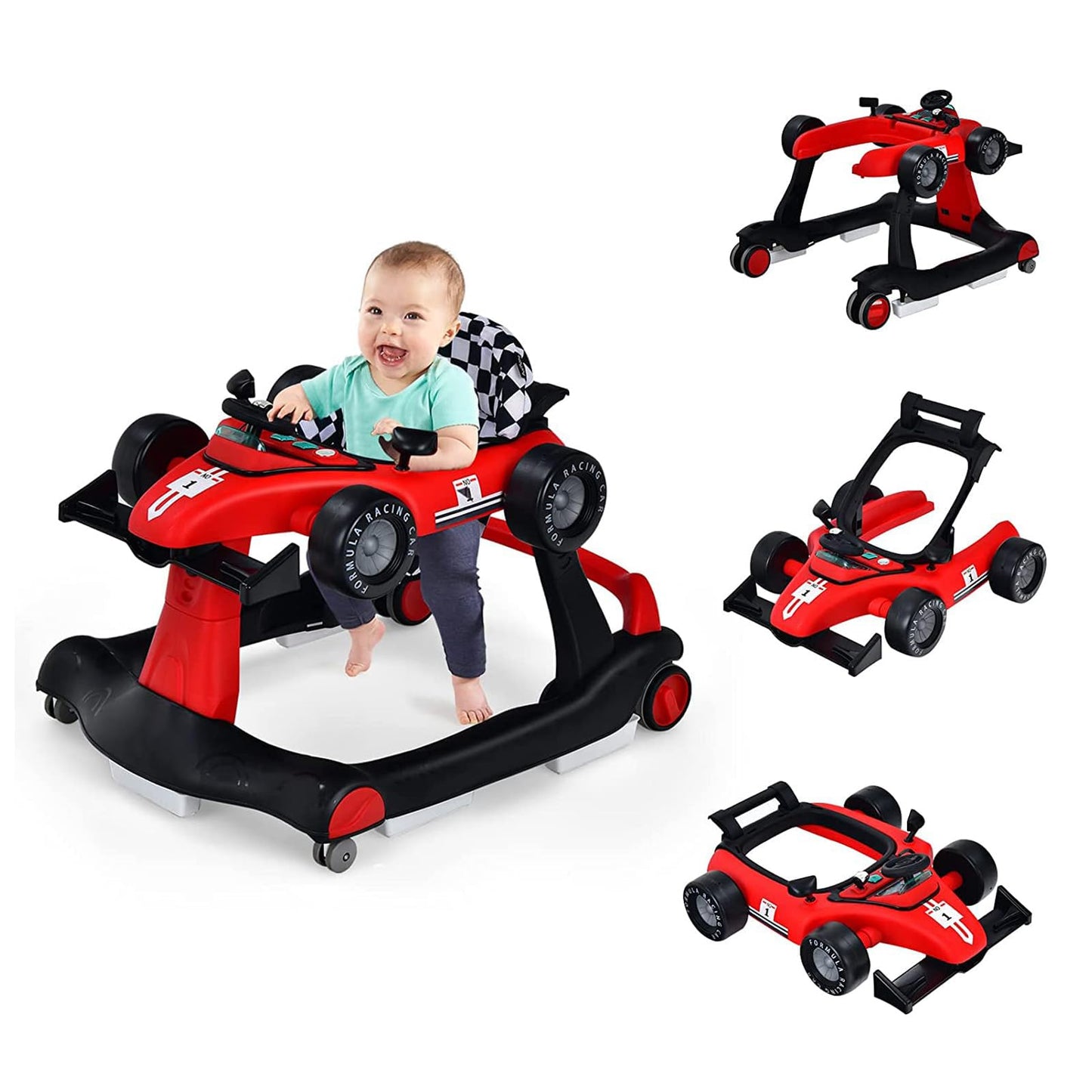 COSTWAY 4-in-1 Baby Walker Foldable with Adjustable Height and Speed, Baby Walker Car-Shaped with Music Box, Light & Wheels, Walker Baby from 6 Months, 15 kg Load Capacity (Pink)