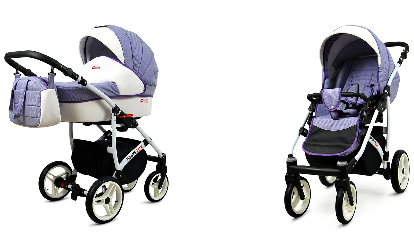 BabyLux® Bambimo Kinderwagen Set 3 in 1 - White Lux - incl. Babywanne, Buggy Sportsitz, Auto-Babyschale - Autositz - Kinderwagenset - Kombikinderwagen mit Wickeltasche, Regenschutz usw.
