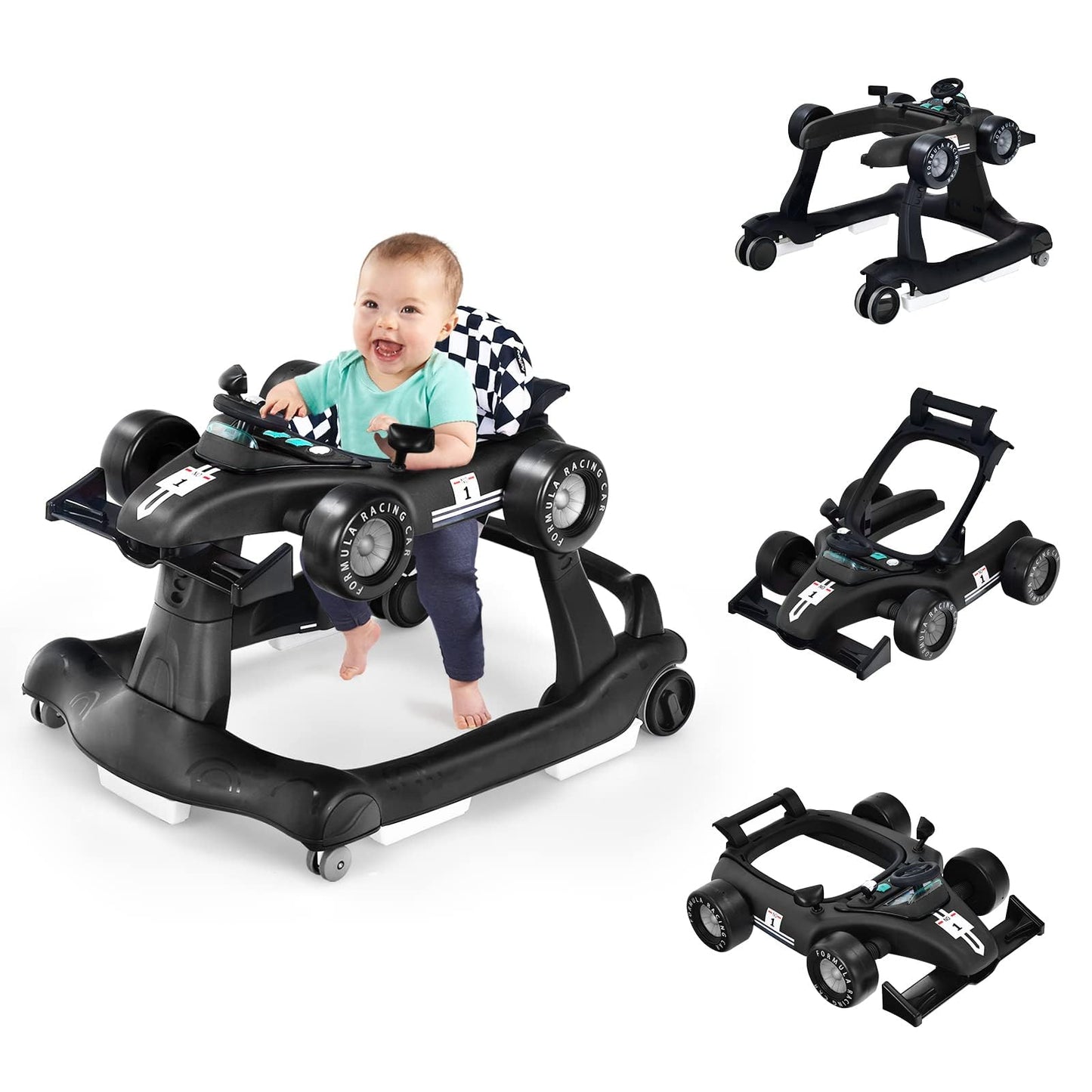 COSTWAY 4-in-1 Baby Walker Foldable with Adjustable Height and Speed, Baby Walker Car-Shaped with Music Box, Light & Wheels, Walker Baby from 6 Months, 15 kg Load Capacity (Pink)