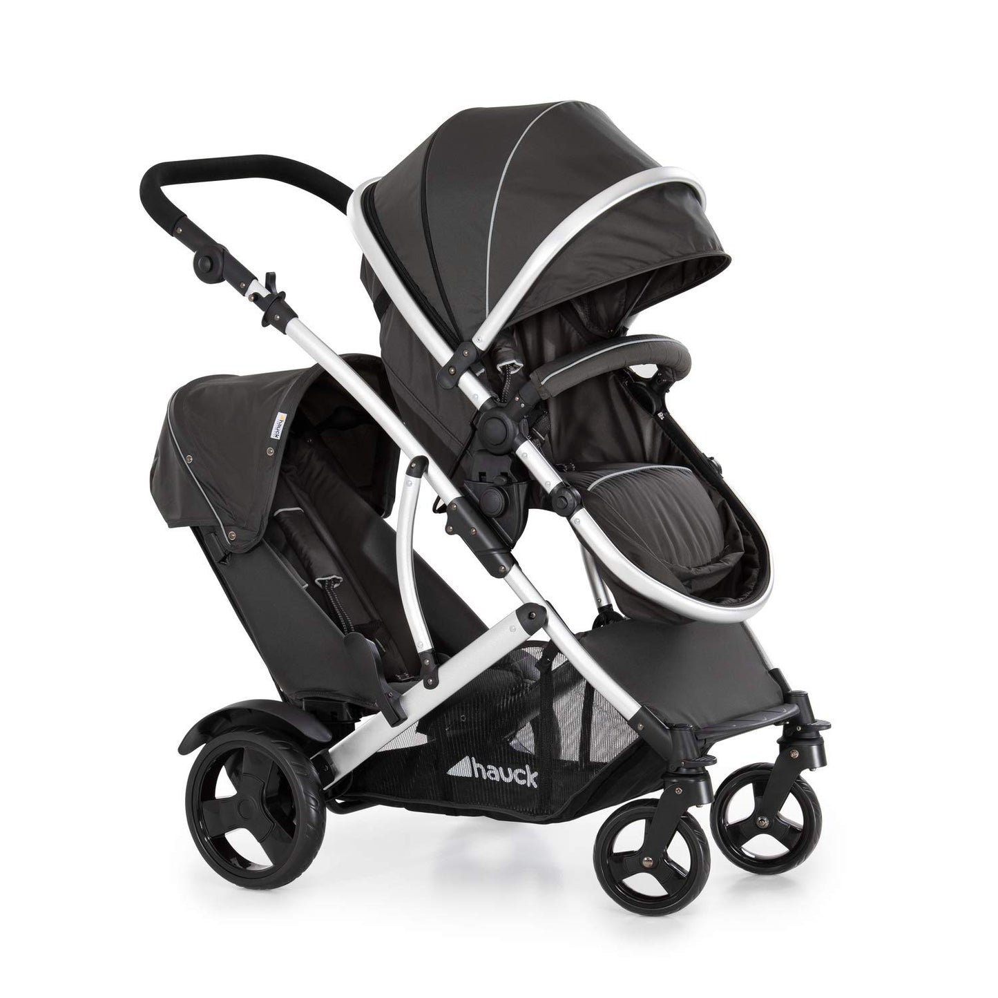Hauck duet 2 double stroller for brothers of different ages, baby carry-on bag convertible into reversible seat, low detachable seat, height-adjustable handlebar, black forest
