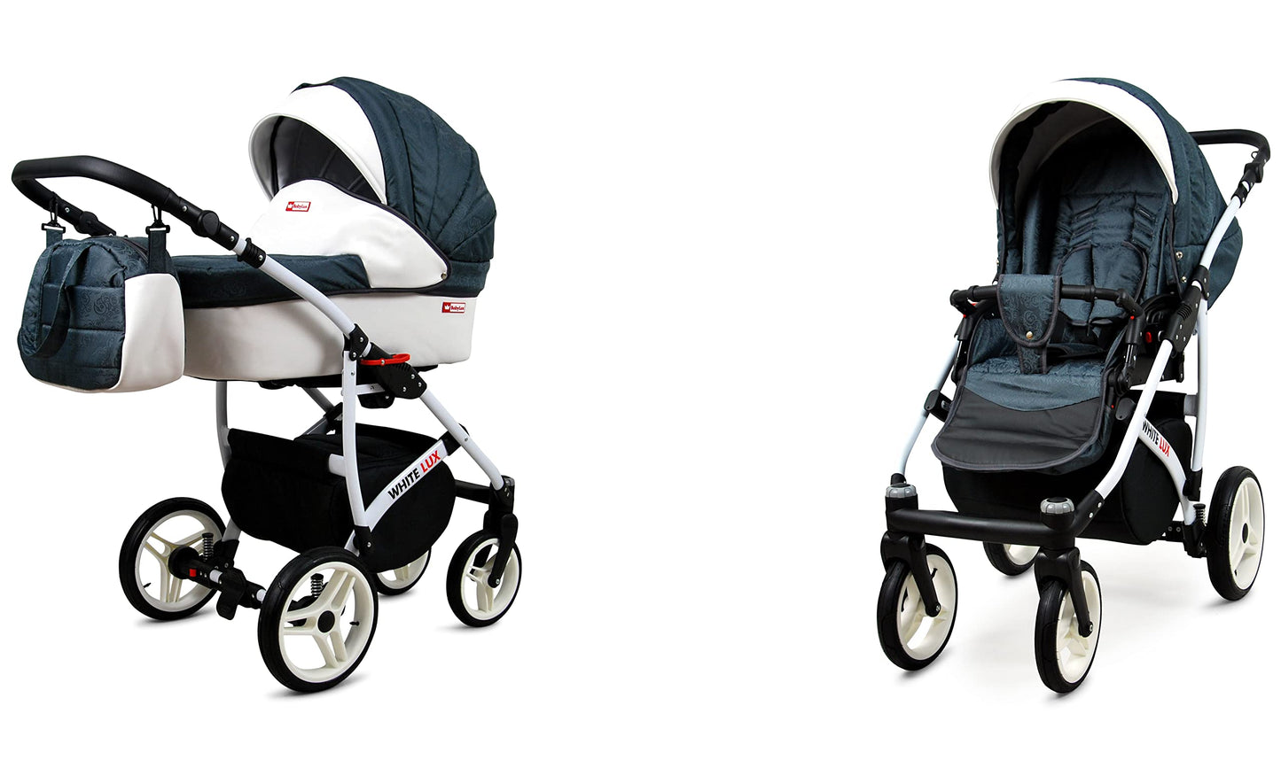 BabyLux® Bambimo Kinderwagen Set 3 in 1 - White Lux - incl. Babywanne, Buggy Sportsitz, Auto-Babyschale - Autositz - Kinderwagenset - Kombikinderwagen mit Wickeltasche, Regenschutz usw.