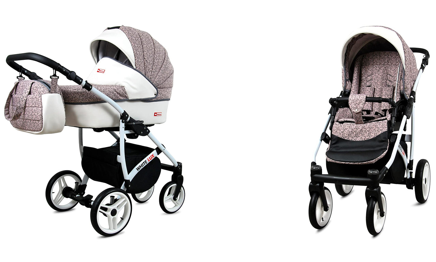 BabyLux® Bambimo Kinderwagen Set 3 in 1 - White Lux - incl. Babywanne, Buggy Sportsitz, Auto-Babyschale - Autositz - Kinderwagenset - Kombikinderwagen mit Wickeltasche, Regenschutz usw.