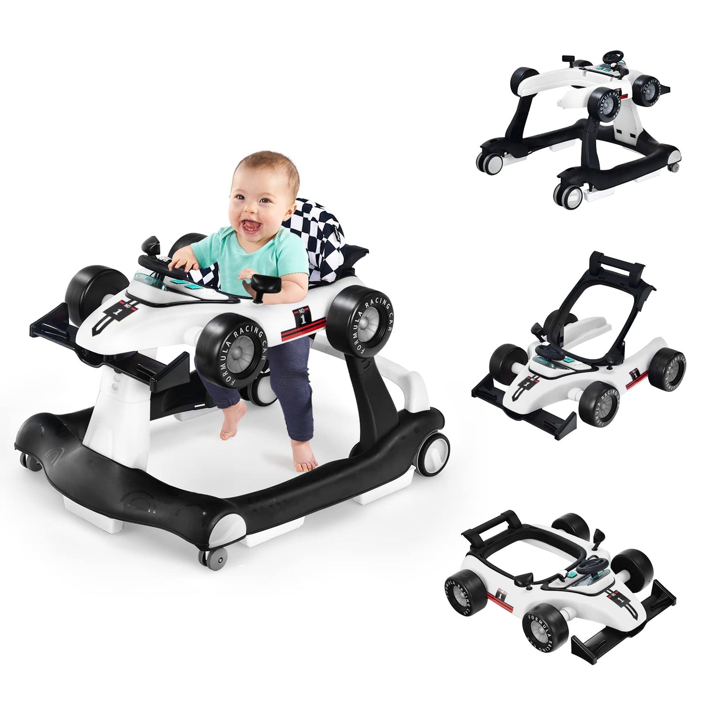 COSTWAY 4-in-1 Baby Walker Foldable with Adjustable Height and Speed, Baby Walker Car-Shaped with Music Box, Light & Wheels, Walker Baby from 6 Months, 15 kg Load Capacity (Pink)