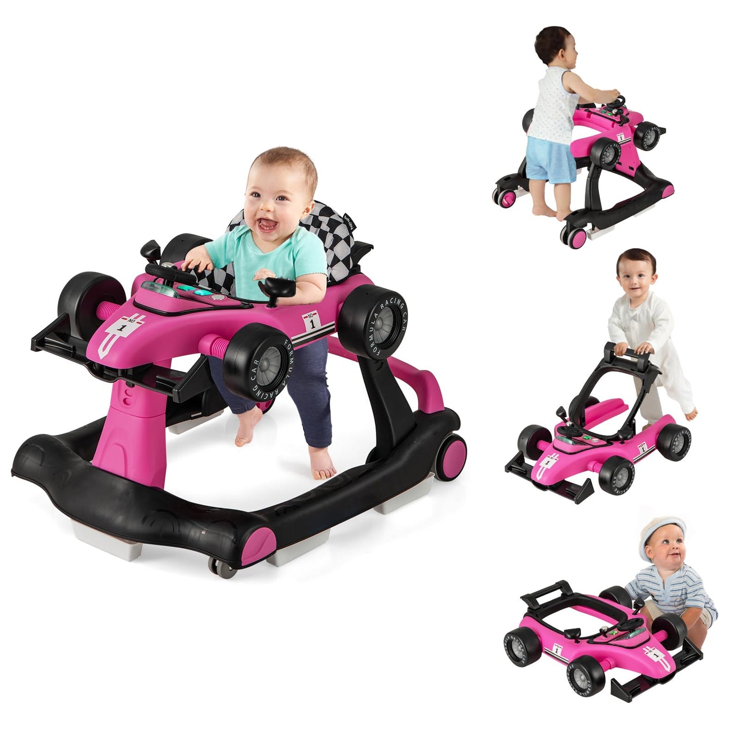 COSTWAY 4-in-1 Baby Walker Foldable with Adjustable Height and Speed, Baby Walker Car-Shaped with Music Box, Light & Wheels, Walker Baby from 6 Months, 15 kg Load Capacity (Pink)