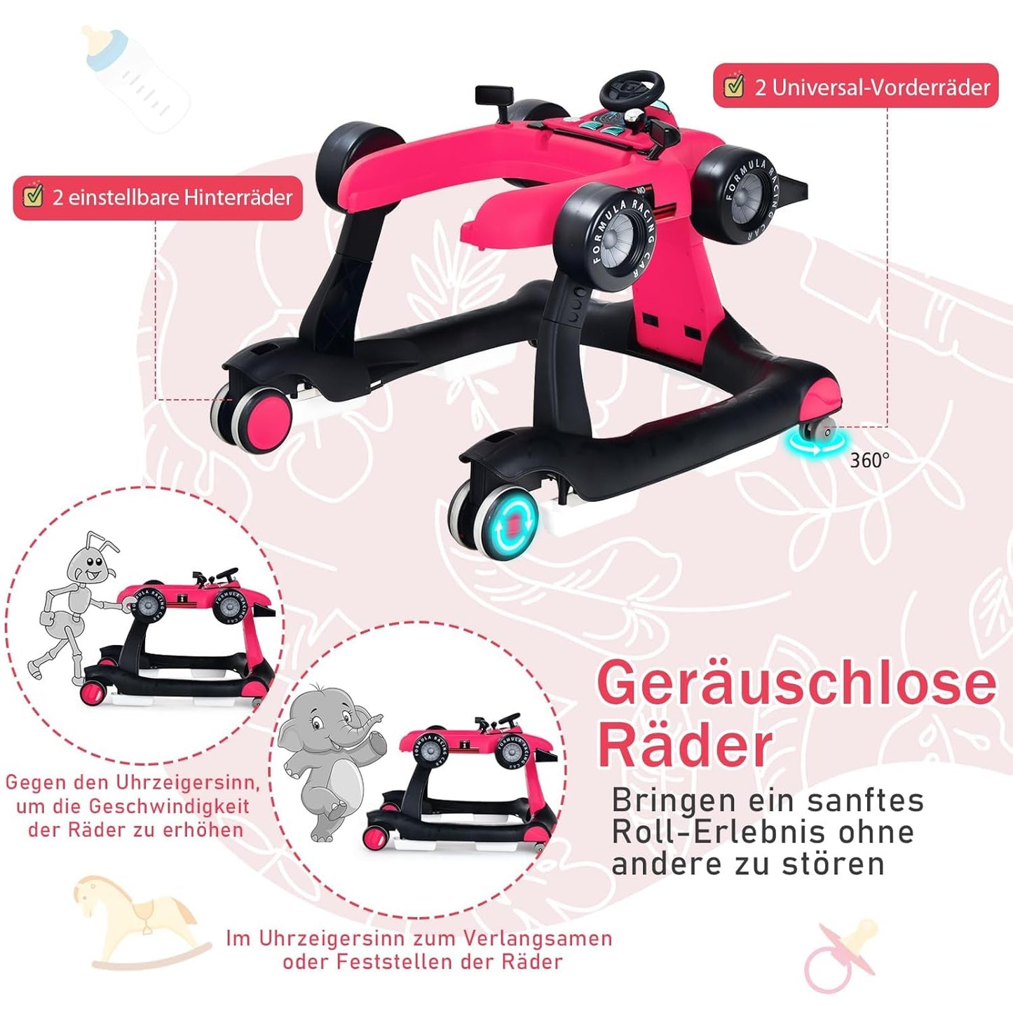 COSTWAY 4-in-1 Baby Walker Foldable with Adjustable Height and Speed, Baby Walker Car-Shaped with Music Box, Light & Wheels, Walker Baby from 6 Months, 15 kg Load Capacity (Pink)