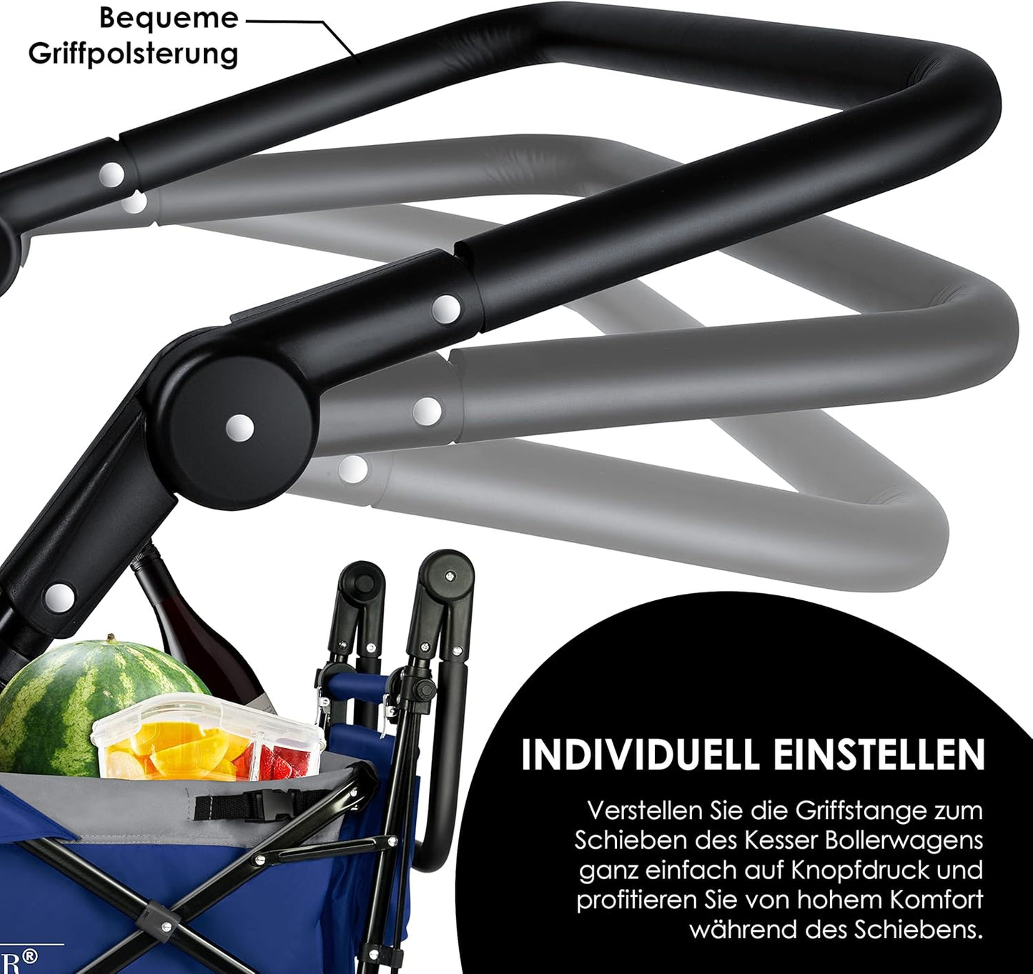 KESSER® Bollerwagen faltbar GT9000 mit Dach Handwagen Transportwagen | inkl. 2X 3-Punkt Gurtsystem| klappbar | Vollgummi-Reifen | bis 80 kg | Vorder- und Hinter-Bremse + Tragetasche, Blau/Grau