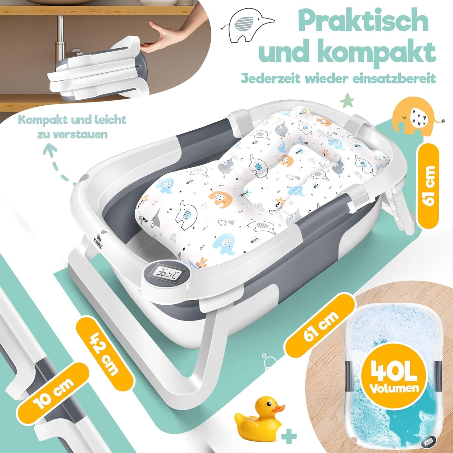 KIDIZยฎ Baby Badewanne | Babywanne platzsparend & faltbar | Badebecken Duschwanne fรผr Neugeborene Kleinkinder 0-24 Monate | Reisedusche tragbar fรผr Babys | Bathtub ergonomisch mit Thermostat & Kissen