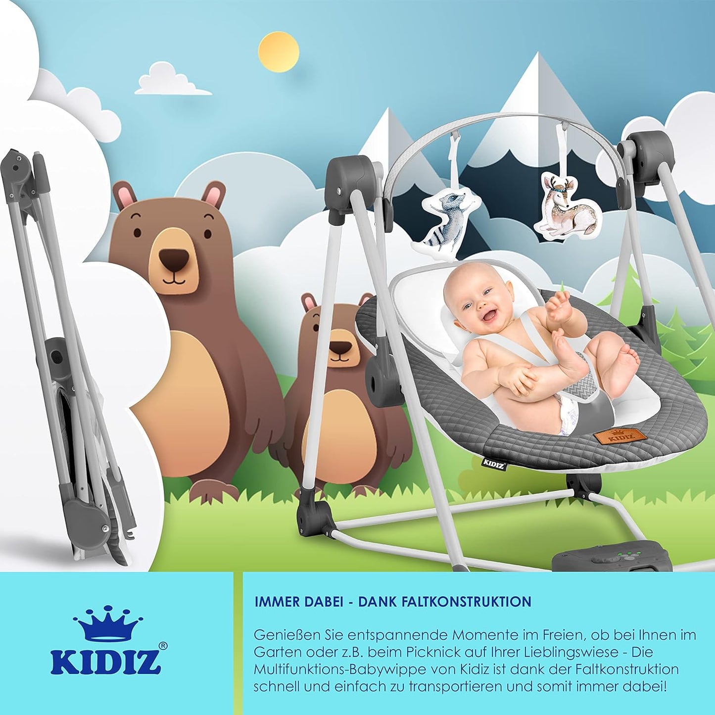KIDIZ® Babywippe Babyschaukel mit 5 Geschwindigkeitseinstellungen zusammenklappbarer Baby Wippe Schaukel Babyhochstuhl mit Spielbogen Spielzeugen 5 beruhigende Naturgeräusche Anthrazit