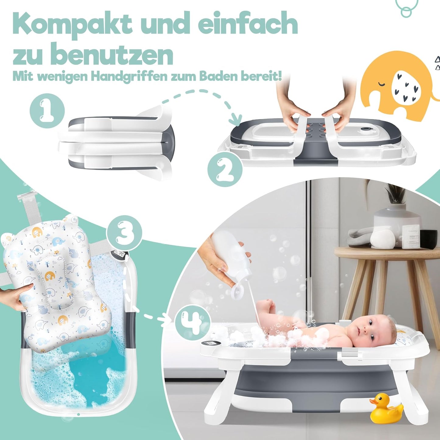 KIDIZยฎ Baby Badewanne | Babywanne platzsparend & faltbar | Badebecken Duschwanne fรผr Neugeborene Kleinkinder 0-24 Monate | Reisedusche tragbar fรผr Babys | Bathtub ergonomisch mit Thermostat & Kissen