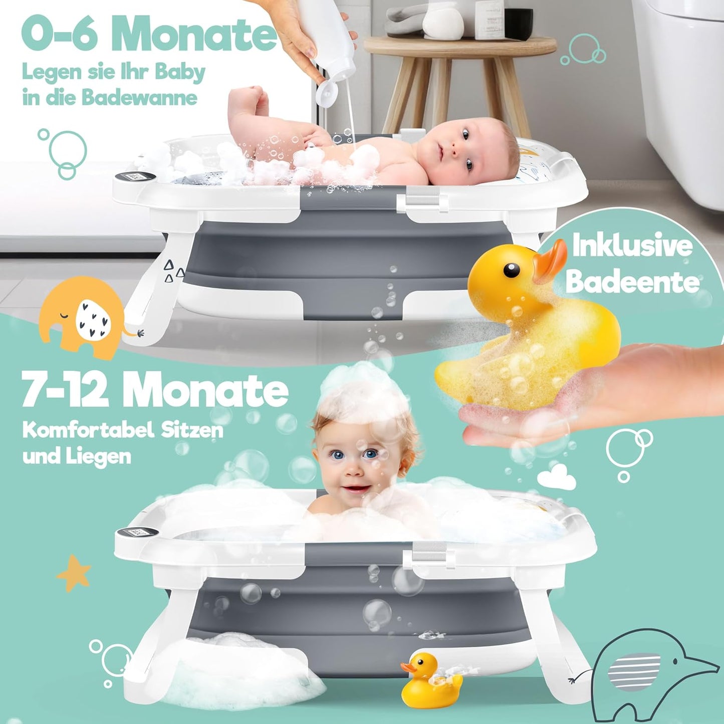 KIDIZยฎ Baby Badewanne | Babywanne platzsparend & faltbar | Badebecken Duschwanne fรผr Neugeborene Kleinkinder 0-24 Monate | Reisedusche tragbar fรผr Babys | Bathtub ergonomisch mit Thermostat & Kissen