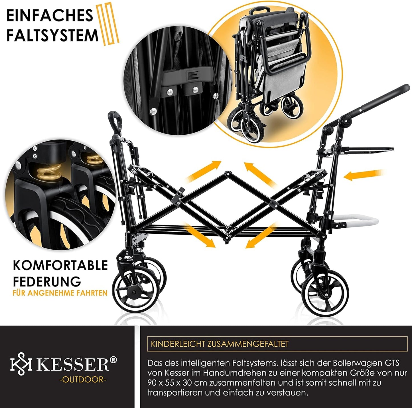 KESSER® Bollerwagen Faltbar GTS-9100 mit Dach Handwagen Transportwagen klappbar inkl. 2X 3-Punkt Gurtsystem 360° Vollgummi-Reifen & Innenraumverlängerung Vorder- und Hinter-Bremse + Tragetasche Grau