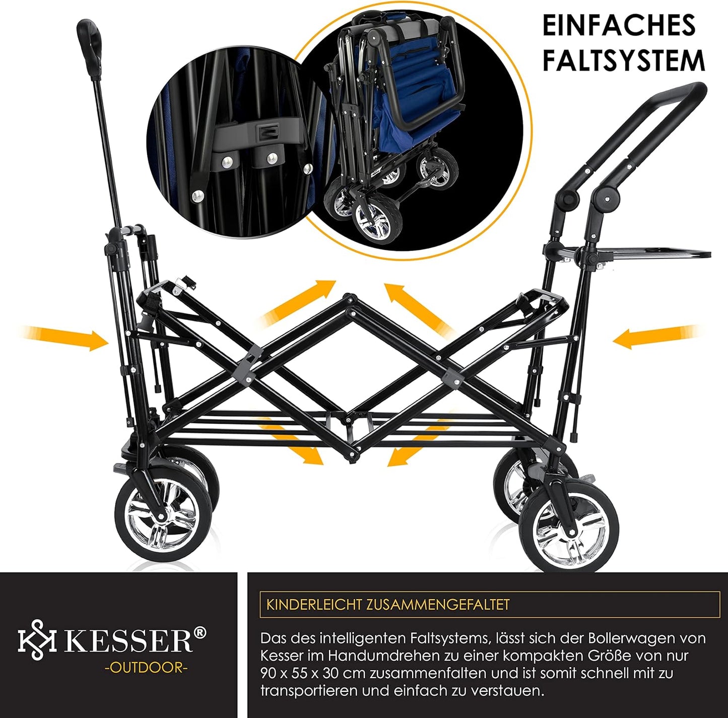 KESSER® Bollerwagen faltbar GT9000 mit Dach Handwagen Transportwagen | inkl. 2X 3-Punkt Gurtsystem| klappbar | Vollgummi-Reifen | bis 80 kg | Vorder- und Hinter-Bremse + Tragetasche, Blau/Grau