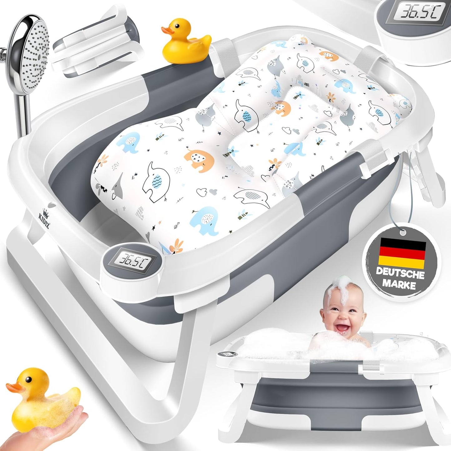 KIDIZยฎ Baby Badewanne | Babywanne platzsparend & faltbar | Badebecken Duschwanne fรผr Neugeborene Kleinkinder 0-24 Monate | Reisedusche tragbar fรผr Babys | Bathtub ergonomisch mit Thermostat & Kissen