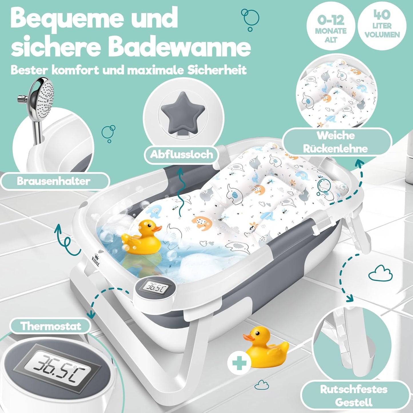 KIDIZยฎ Baby Badewanne | Babywanne platzsparend & faltbar | Badebecken Duschwanne fรผr Neugeborene Kleinkinder 0-24 Monate | Reisedusche tragbar fรผr Babys | Bathtub ergonomisch mit Thermostat & Kissen