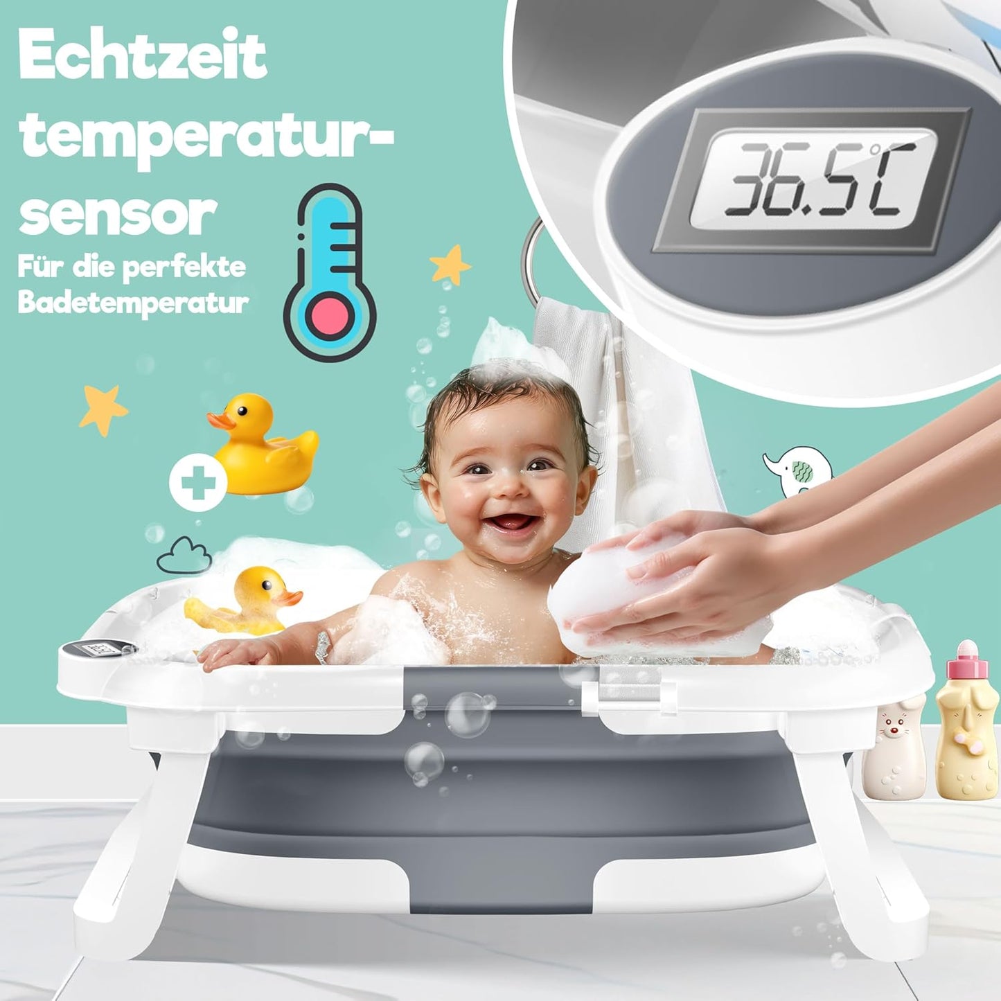 KIDIZยฎ Baby Badewanne | Babywanne platzsparend & faltbar | Badebecken Duschwanne fรผr Neugeborene Kleinkinder 0-24 Monate | Reisedusche tragbar fรผr Babys | Bathtub ergonomisch mit Thermostat & Kissen