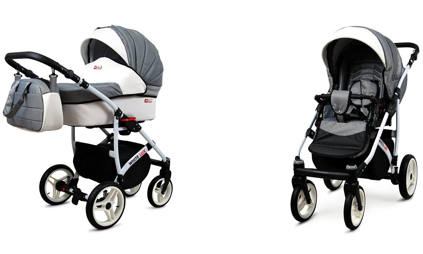 BabyLux® Bambimo Kinderwagen Set 3 in 1 - White Lux - incl. Babywanne, Buggy Sportsitz, Auto-Babyschale - Autositz - Kinderwagenset - Kombikinderwagen mit Wickeltasche, Regenschutz usw.