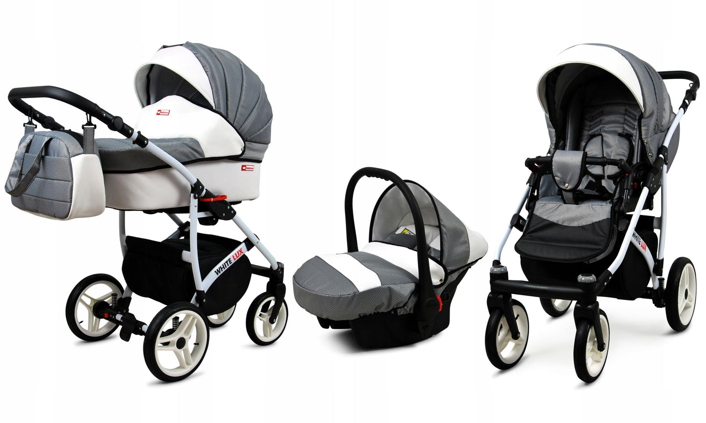 BabyLux® Bambimo Kinderwagen Set 3 in 1 - White Lux - incl. Babywanne, Buggy Sportsitz, Auto-Babyschale - Autositz - Kinderwagenset - Kombikinderwagen mit Wickeltasche, Regenschutz usw.