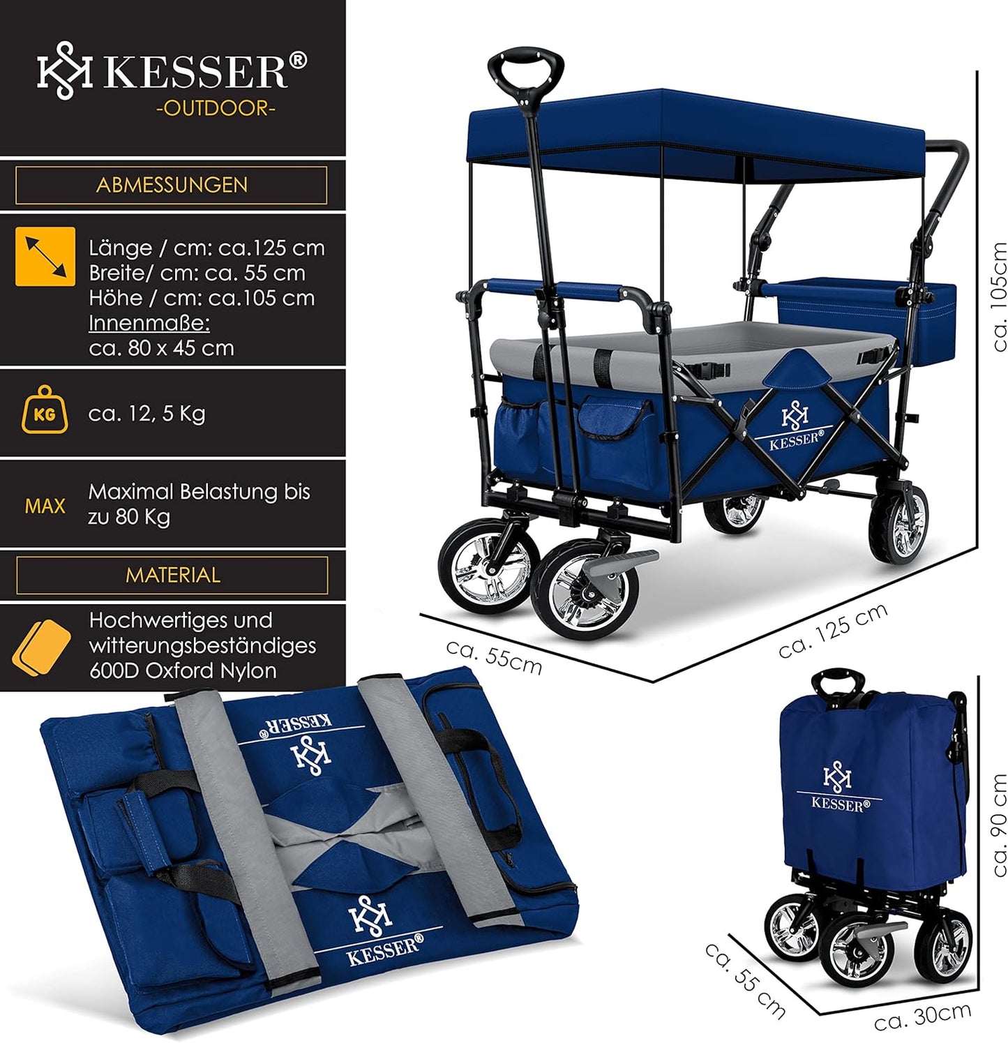 KESSER® Bollerwagen faltbar GT9000 mit Dach Handwagen Transportwagen | inkl. 2X 3-Punkt Gurtsystem| klappbar | Vollgummi-Reifen | bis 80 kg | Vorder- und Hinter-Bremse + Tragetasche, Blau/Grau