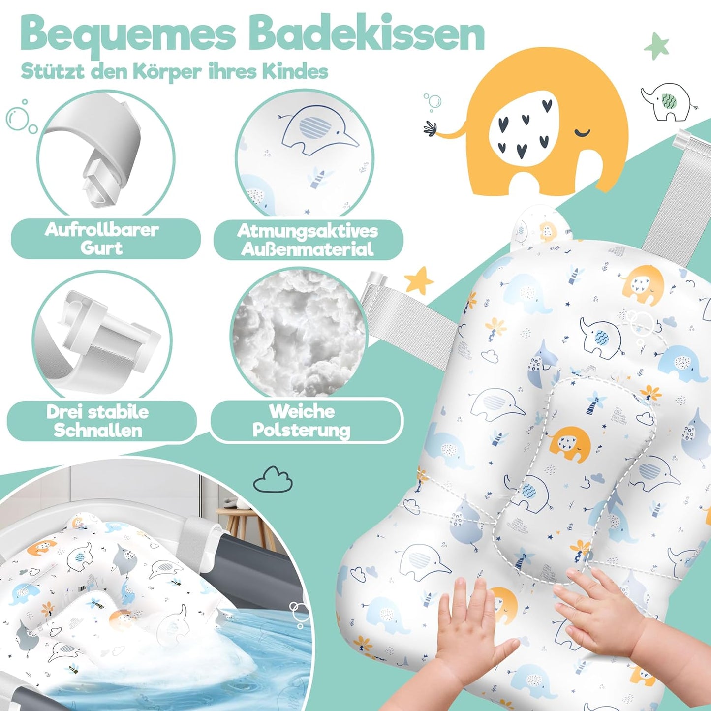 KIDIZยฎ Baby Badewanne | Babywanne platzsparend & faltbar | Badebecken Duschwanne fรผr Neugeborene Kleinkinder 0-24 Monate | Reisedusche tragbar fรผr Babys | Bathtub ergonomisch mit Thermostat & Kissen