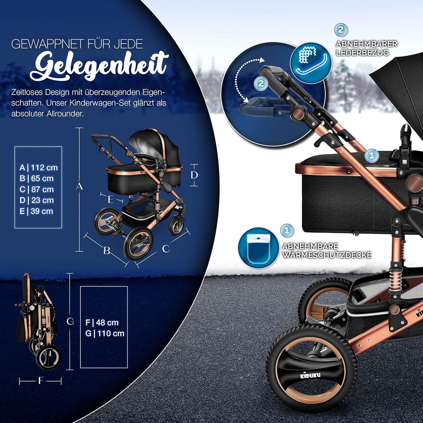 KIDUKU® 3 in 1 Kinderwagen XXL Komplettset | Kombikinderwagen Set inkl. Babywanne Buggy Sportsitz & Auto-Babyschale Fußsack | Vollgummireifen Wickeltasche Handwärmer Regenschutz Kindertisch ECE R129