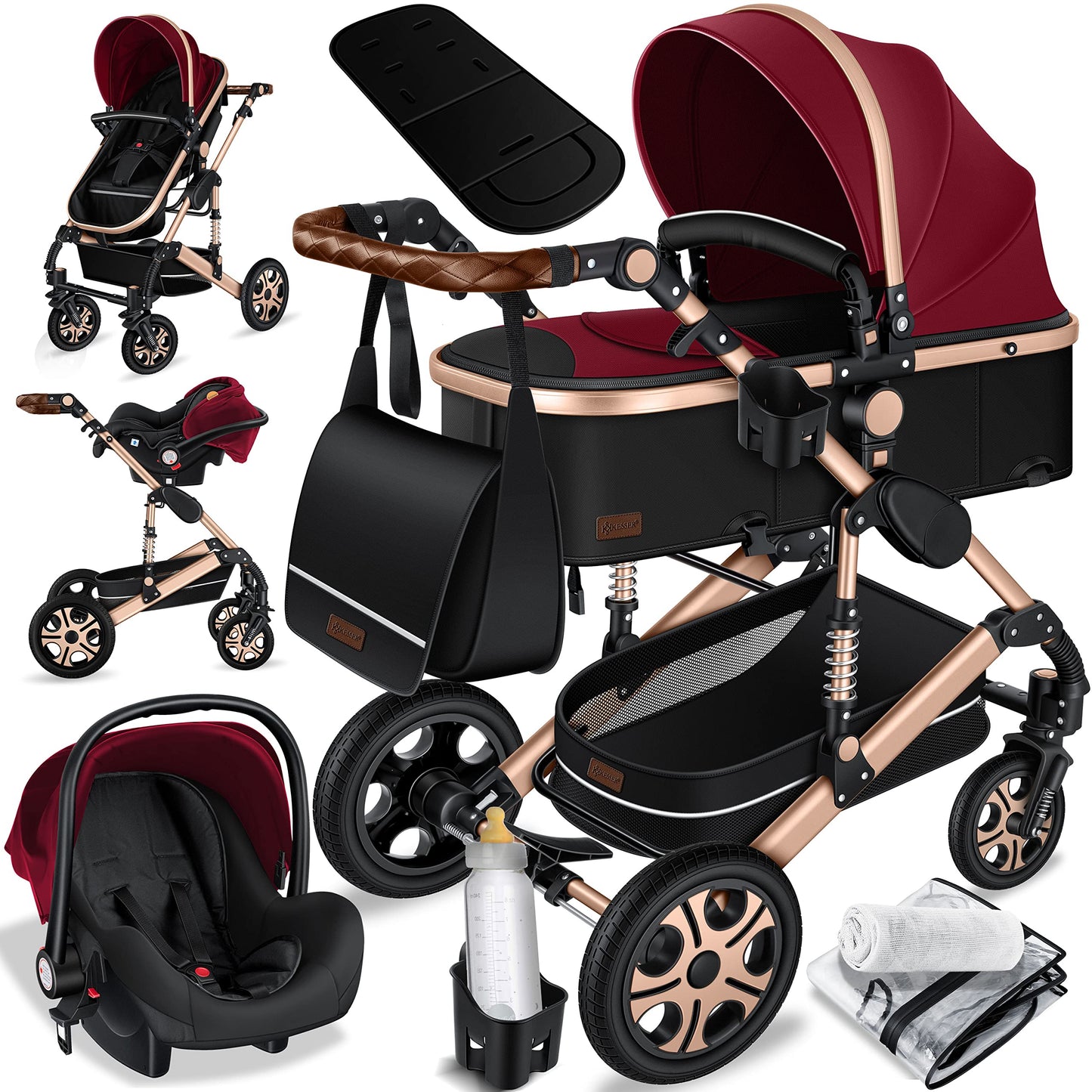 KESSER® Loops 3 in 1 Kinderwagen Kombikinderwagen Komplett-Set inkl. Babywanne & Buggy Sportsitz & Auto-Babyschale Voll-Gummireifen Wickeltasche Regenschutz Kindertisch ECE R129, Schwarz/Rosé Gold
