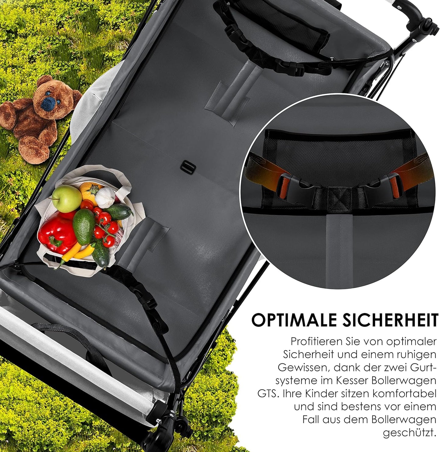 KESSER® Bollerwagen Faltbar GTS-9100 mit Dach Handwagen Transportwagen klappbar inkl. 2X 3-Punkt Gurtsystem 360° Vollgummi-Reifen & Innenraumverlängerung Vorder- und Hinter-Bremse + Tragetasche Grau