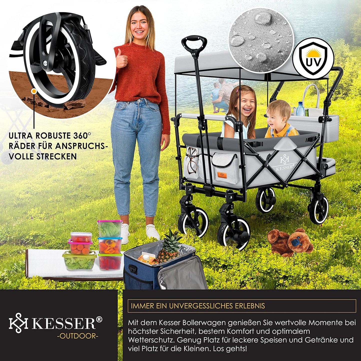 KESSER® Bollerwagen Faltbar GTS-9100 mit Dach Handwagen Transportwagen klappbar inkl. 2X 3-Punkt Gurtsystem 360° Vollgummi-Reifen & Innenraumverlängerung Vorder- und Hinter-Bremse + Tragetasche Grau